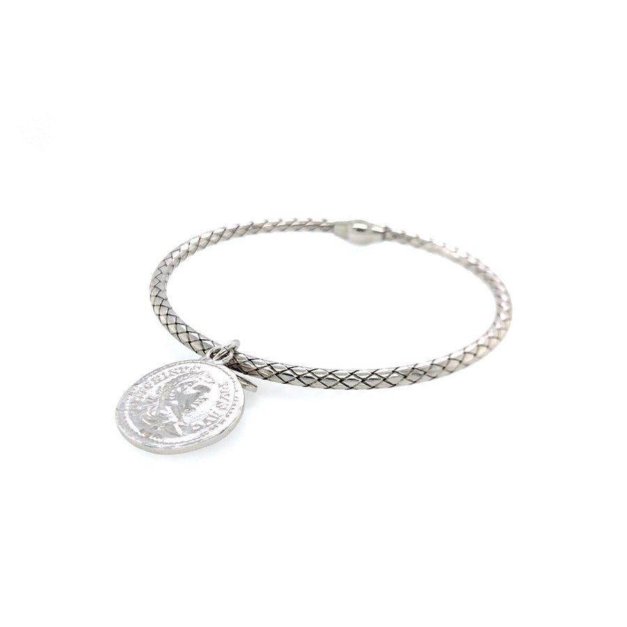 Flechtarmband mit Anhänger, Schmuckmünze, 18cm, Silber 925, rhodiniert
